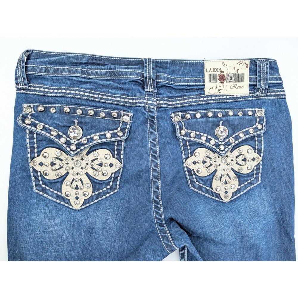 L A Idol USA Bling Flap Pocket Jeans Size 13 Stretch 34x30 Boot Cut Hemmed